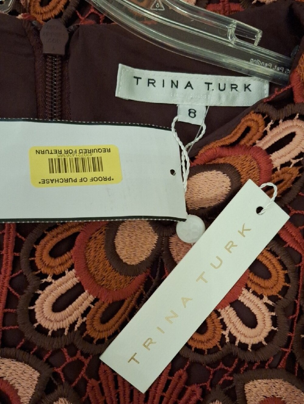 Trina Turk Rust and Pink Floral Lace Bell-Sleeve Dress. Size 8 NWT - Picture 9 of 10